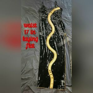 Black Velvety Mirrored Studded Rhinestone Gown size Large VINTAGE